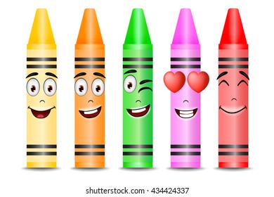 Five Different Color Crayon Mascots with Different Facial Expressions on White Background
