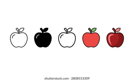 Five different colored apples with leaves on transparent background