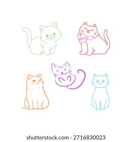 Fünf verschiedene farbige niedliche Zeichnungen von glücklichen Katzen. 