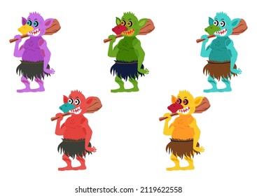 Five different colored Goblins. Set of goblin or troll with hunting tool isolated on white background. Vector illustration of Five different colored Goblins