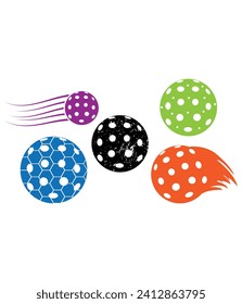 five different colored pickleball balls on a white background