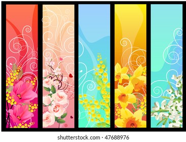 Five different colorful floral banners