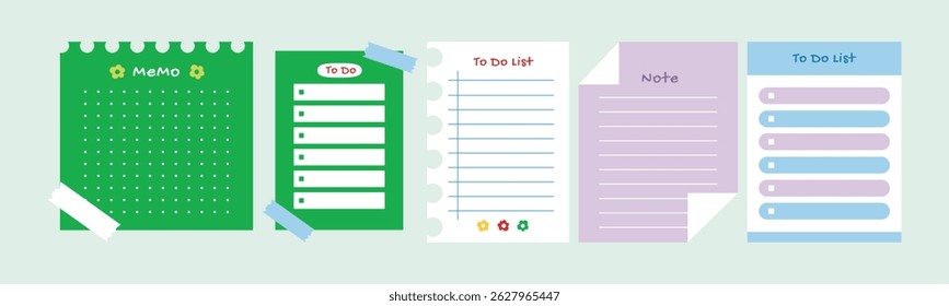 Five different colorful planning note set, for writing messages, notes and tasks, for office, education, business.