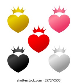 Five different colors of heart with crown. icon graphic design, illustration isolated on white background.