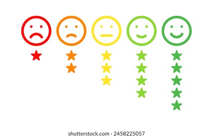 five different colors and moods smiles with stars, outline vector icons set