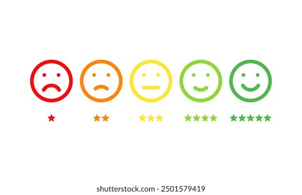 five different colors and moods smiles with stars, outline vector icons set