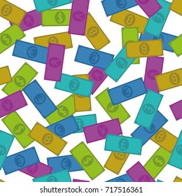 Five different currencies - dollar, bitcoin, euro, pound, yen. Seamless pattern.