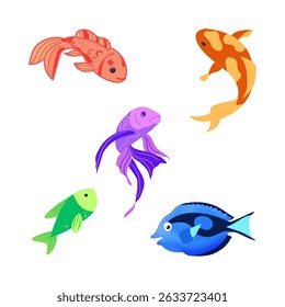 Five different cute colored fishes.