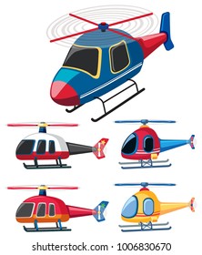 Five different designs of helicopters illustration