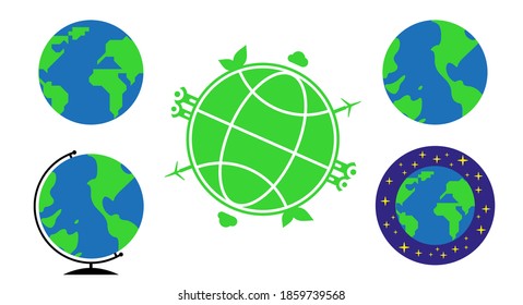 Cinco íconos diferentes de la tierra y del globo. Ilustración vectorial de estilo plano.