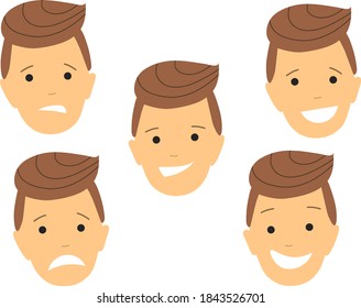 five different faces of a guy with different emotions. fear, surprise, pleasant surprise, confused, upset. happy