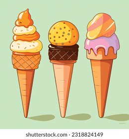 five different flavors of different ice creams, in the style of flat illustrations, colorful cartoon, light orange and light green, mixes realistic and fantastical elements, fragmented icons
