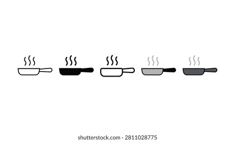 Five different frying pans with steam rising from them in various colors kitchen utensils