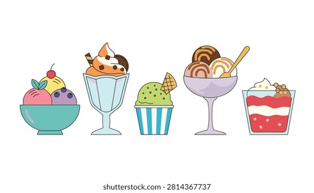 Five different glass bowls and cups holding assorted ice cream scoops frozen yogurt and layered berry parfaits for delicious desserts.