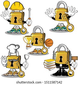 five different jobs of vintage gold padlock and his key