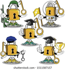 five different jobs of vintage gold padlock and his key