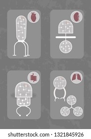 Five different nanobots. Each nanorobot consists of organic transparent membrane and microchips and be designed for investigation of state of different organs