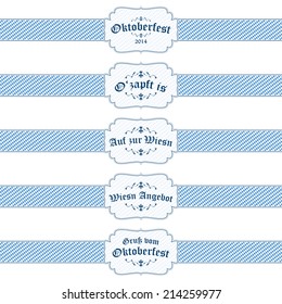 five different Oktoberfest 2014 banners with text in German "on to Wiesn", "Wiesn Offer", "greetings from Oktoberfest", "O'zapft is"