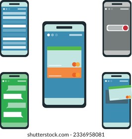 Five different phones vector illustrations Bank and messenger app