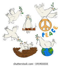  Five different plots with white pigeon and an olive branch. Symbol of peace. Drawing, illustration, vector