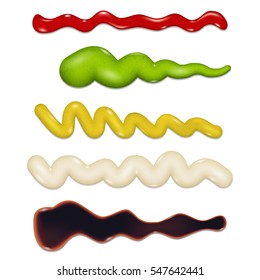 Five different sauces isolated on a white background