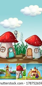 Five different scene of fantasy world with mushroom house illustration