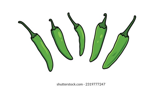 Cinco formas diferentes de pimientos verdes aislados en un fondo blanco
