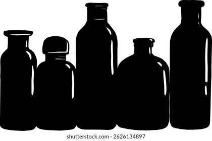 Cinco siluetas diferentes de botellas de medicina