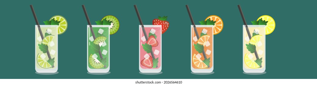 Five different summer cocktails for every taste.
Vector graphics with noise elements.