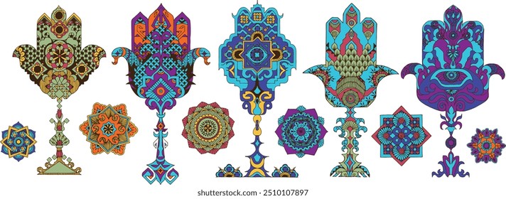 Five different trees in the form of talismans with nazar, the palm of Fatima.