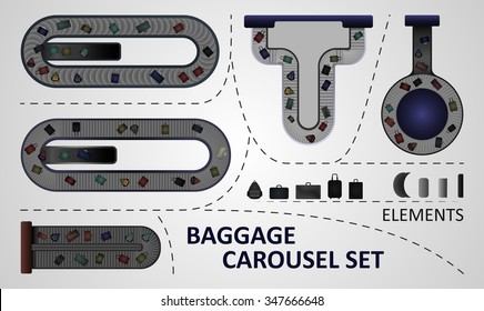 Five different types of baggage carousel constructions. Illustration includes: carousel plates, bags.