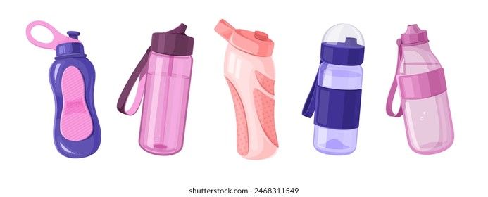 Five different water bottles in various shapes and colors. Vector illustration for hydration and fitness concept.