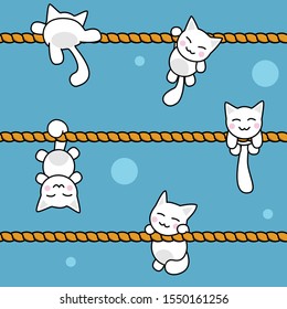 Five different white kittens hanging on orange ropes on a blue background