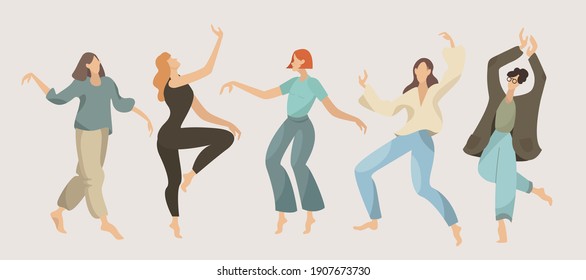 Five different women in free dynamic poses. Dancing, cool women. Different looks. Vector cartoon style, all objects are isolated 