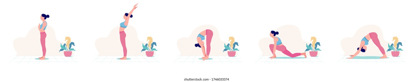 Five different yoga pose flat illustration, Creative poster or banner design with illustration of woman doing yoga for Yoga Day Celebration.