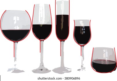 Five differently shaped wine glasses contain equal amount of wine.  It appears, however, that some of glasses have more wine than other. Shape of glasses highlighted with red pen. 