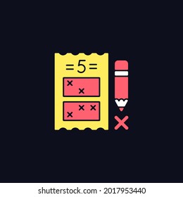 Five digit lottery game RGB color icon for dark theme. Choosing five numbers for winning combination. Isolated vector illustration on night mode background. Simple filled line drawing on black