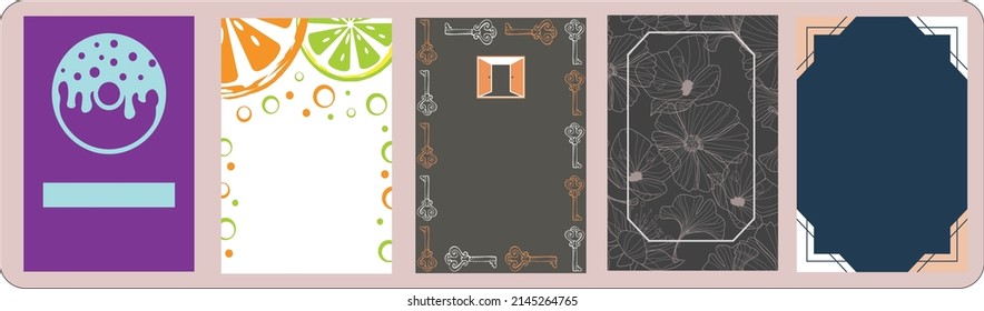 Five dinner and lunch party templates posters. lemon food vector templates for stories. Vector illustration for dinner and lunch invitation card