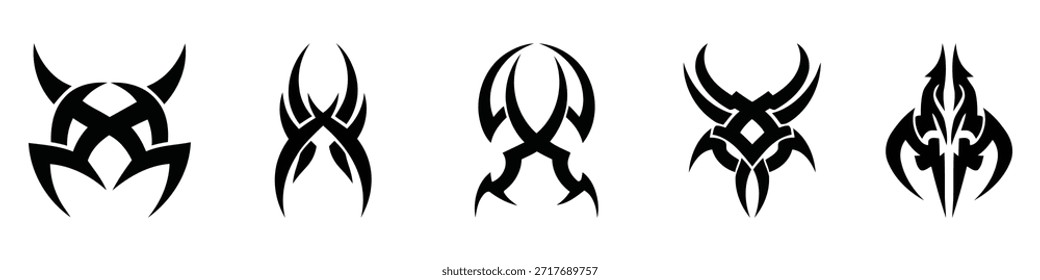 Cinco diseños negros distintos con patrones abstractos y tribales, posiblemente utilizados para tatuajes o inspiración artística