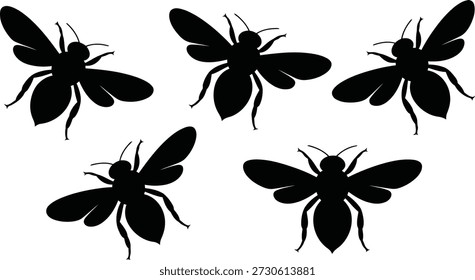 Cinco siluetas negras distintas de abejas o avispas, cada una mostrando una pose única con alas y cuerpos, aislados en una superficie blanca brillante.