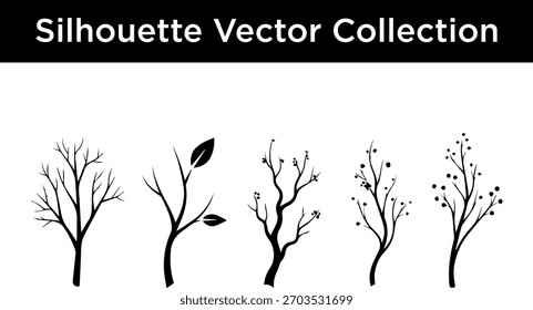 Five distinct black tree and plant silhouettes, featuring bare branches, pointed leaves, and small round berries.