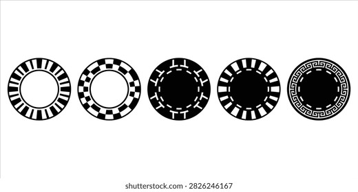 Five distinct black and white circular patterns resembling casino chips