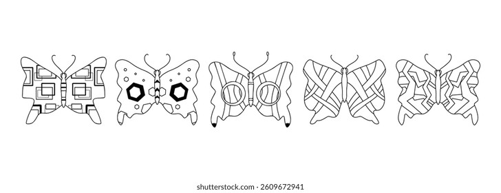Five Distinct Butterfly Line Drawings, Vector Style Black and White Illustrations for Coloring Pages or Graphic Design.