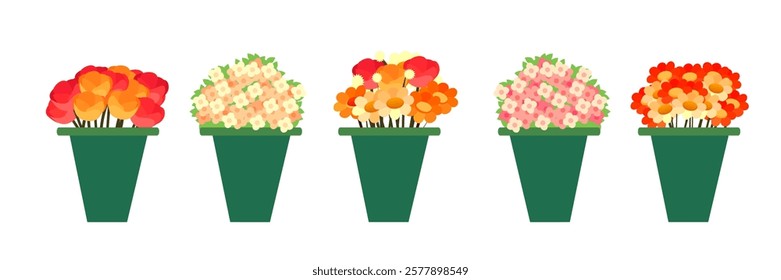 Five distinct flower pots filled with a variety of colorful flowers are neatly arranged in a row. Each pot displays different floral combinations and vibrant hues, enhancing the garden's appeal.