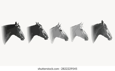 Five distinct horse head profiles in grayscale silhouette
