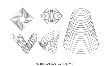 Five distinct line art geometric patterns including a square an almond a cone a Vshape and a fan on a white canvas