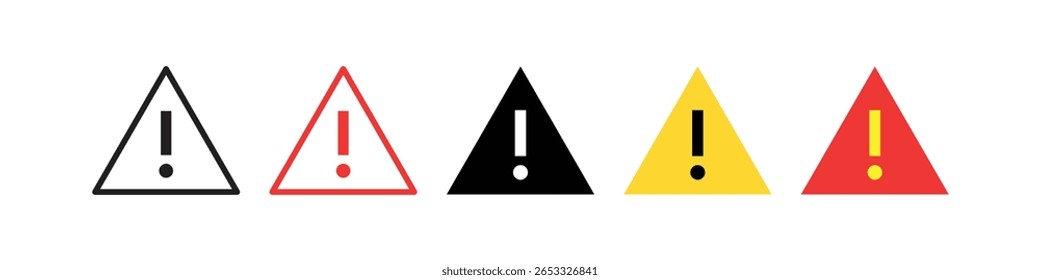 Cinco sinais de aviso triangulares distintos com pontos de exclamação que variam em cor e estilo