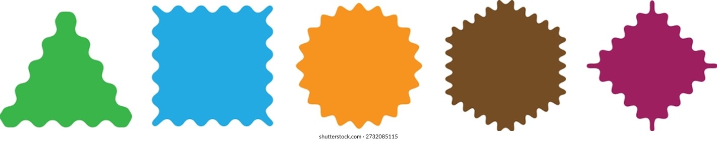 Five distinct, wavy-edged shapes in vibrant colors (green, blue, orange, brown, purple) aligned horizontally, ideal for visual components.