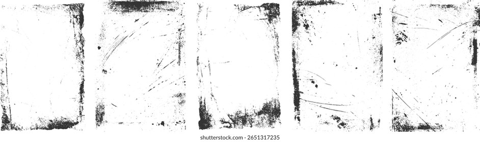 Cinco bordas angustiadas com manchas de tinta preta e arranhões em um fundo branco.