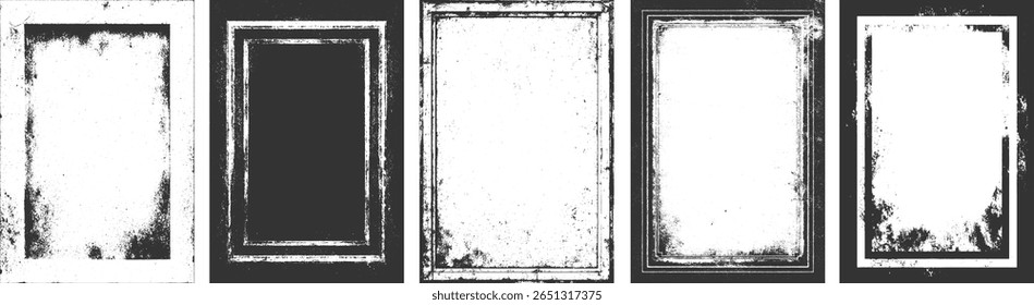 Cinco quadros grunge angustiados com bordas texturizadas e superfícies manchadas em um fundo escuro